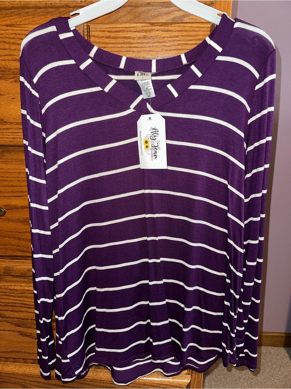 NWT Sz S Sew In Love Purple & White Striped V‑Neck Long Sleeve Top